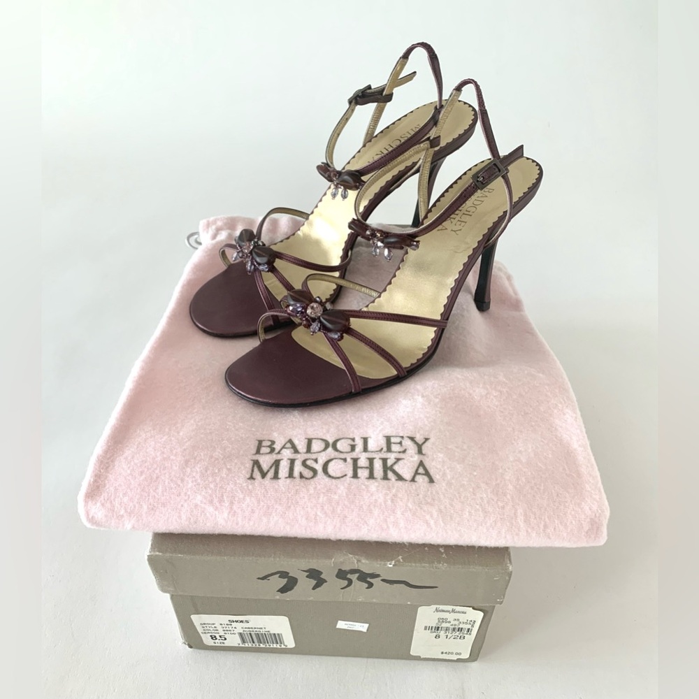 Badgley Mischka aubergine butterfly/flower blossom gemstone heeled sandals.